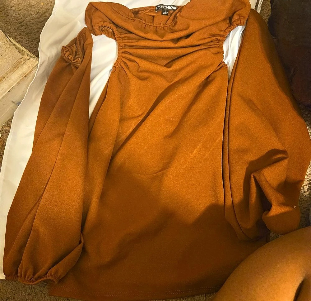 FASHION NOVA Ruched Long Sleeve Dress  in Brown Size Medium